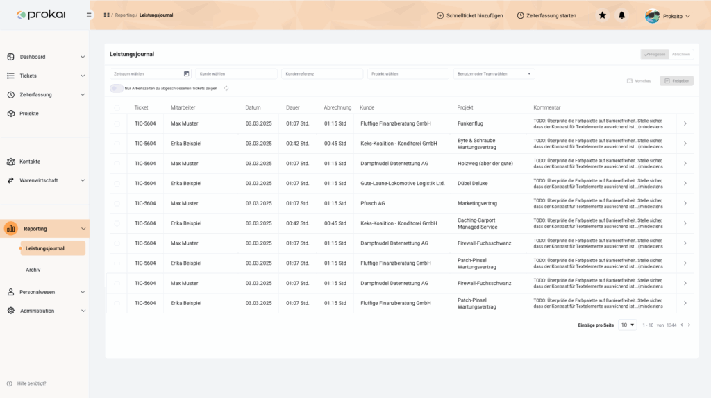 ERP-System prokai Ansicht Dashboard Leistungsjournal