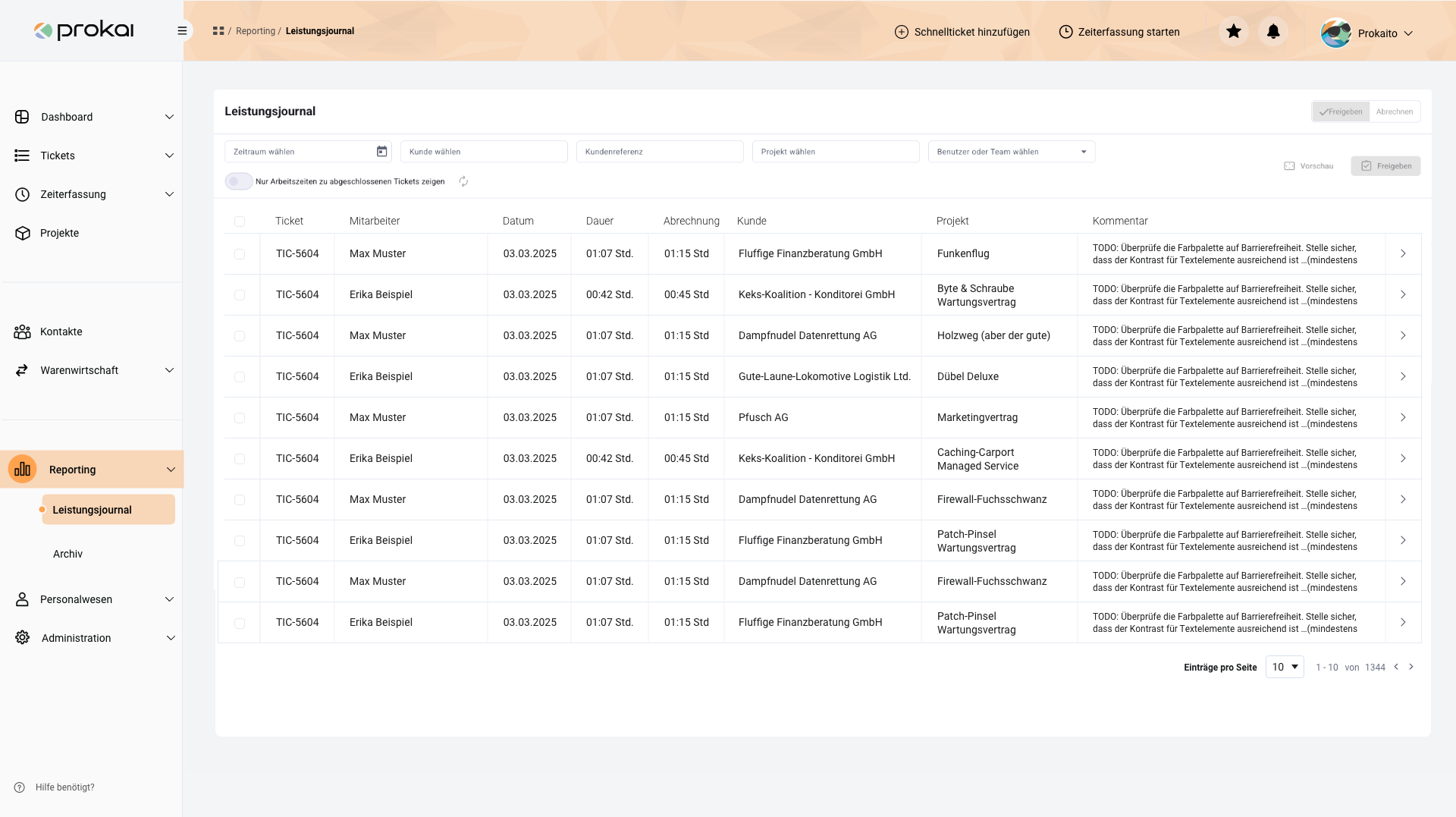 ERP-System prokai Ansicht Dashboard Leistungsjournal