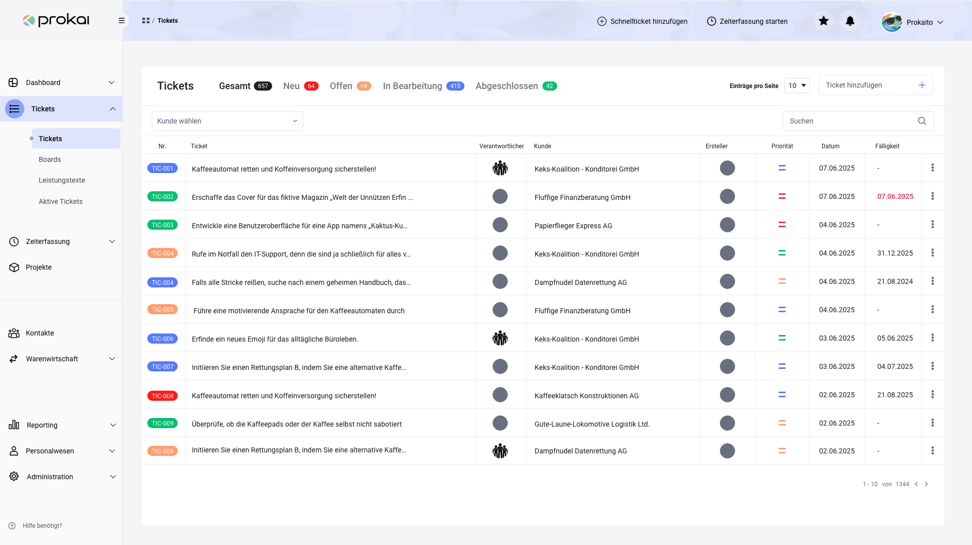 ERP-System prokai Ansicht Übersicht Ticketsystem