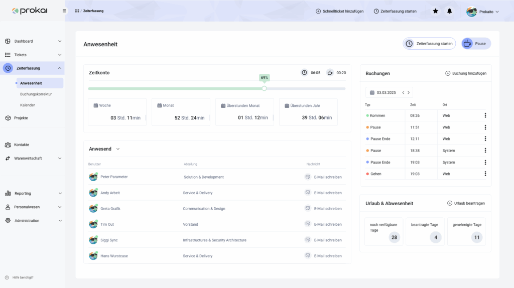 ERP-System prokai Ansicht Dashboard Zeiterfassung